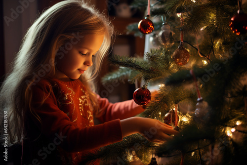 Christmas and New Year holidays concept. Child decorating Christmas tree with toys and garland and enjoy magical moment of Christmas eve and holidays. Generative AI © Rytis