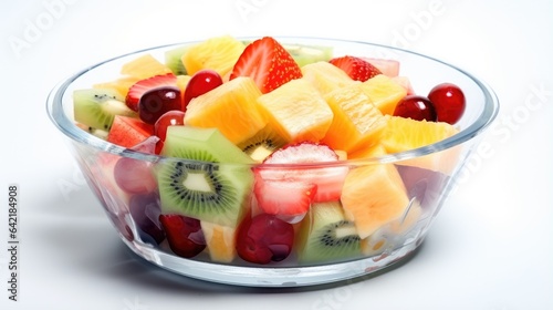 Bowl of healthy fresh fruit salad in a glass transparent bowl