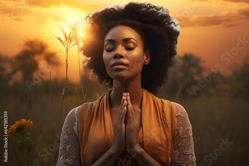 Fototapete African American woman praying in nature 1
