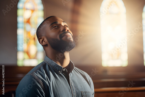 African American man praying in church