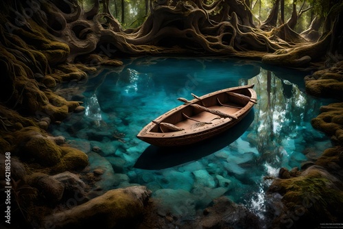 boat on the water, pond in the heart of forest, old trees
