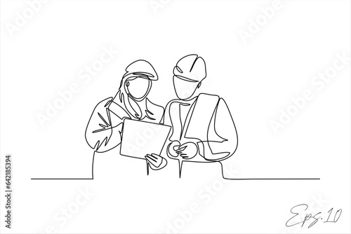 vector illustration continuous line of two building contractors negotiating