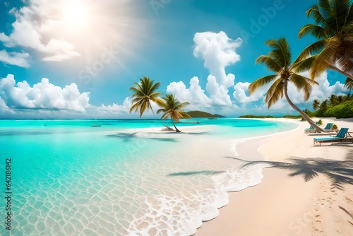 beach with coconut trees and blue sky with clouds © Fahad