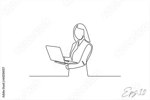 vector illustration
continuous line of businesswoman holding laptop