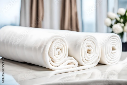 Roll up of white towels on white table with copy space on blurred living room background. For product display montage. 