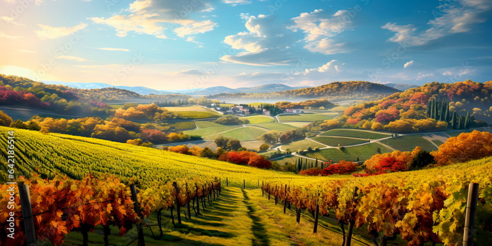 capturing the panoramic beauty of an autumnal vineyard, with rows of grapevines and rolling hills in the background. Generative Ai