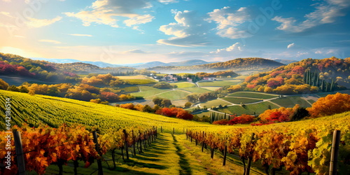 capturing the panoramic beauty of an autumnal vineyard  with rows of grapevines and rolling hills in the background. Generative Ai