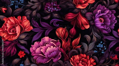 illustration of a seamless floral pattern where vibrant flowers contrast beautifully against a rich black background.