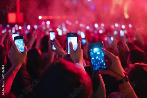 Crowd at concert, hands with smartphones in front of bright stage lights