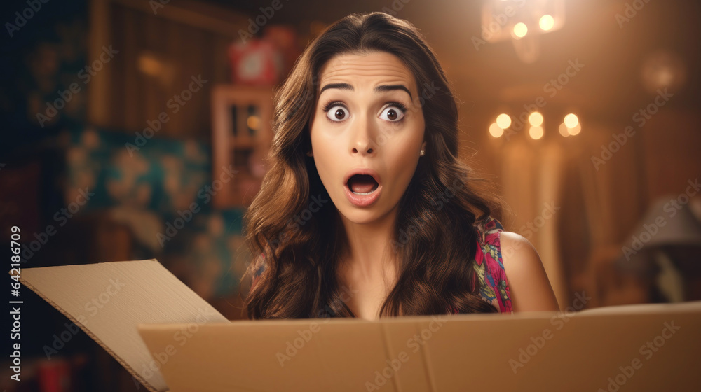 Shocked and surprised woman is unpacking a delivered box. Generative AI