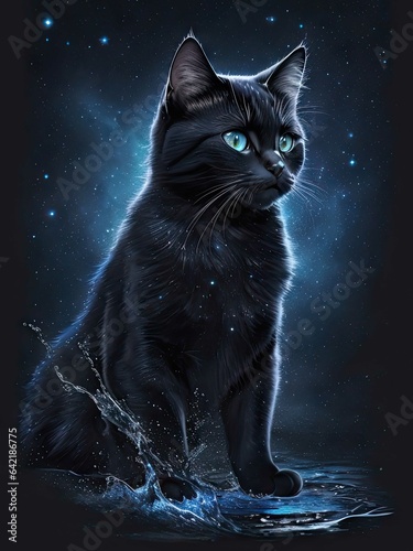 black cat high quality starry midnight blue water splash