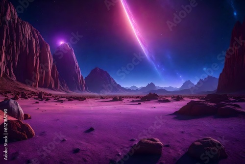 Cosmic background  alien planet deserted landscape with mountains  rocks  deep cleft and stars shine in space. Extraterrestrial computer game backdrop  parallax effect cartoon 