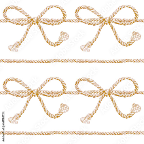 Seamless pattern of rope cords with bow knots. Hand drawn illustration. Hand painted elements. On white background.