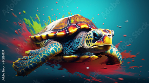3D rendering of a turtle with a paint splash technique  set against a colorful background.
