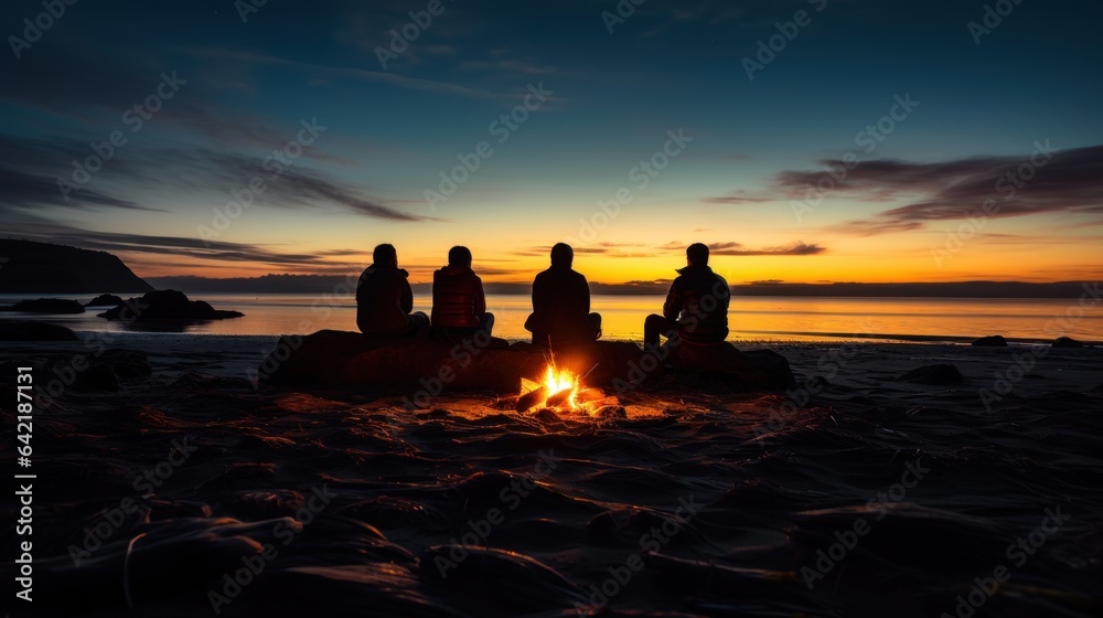 Group of friends standing by the campfire on the beach