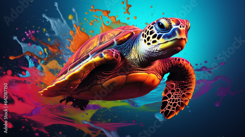  a vibrant 3D rendering of a turtle with a paint splash technique  set against a colorful background