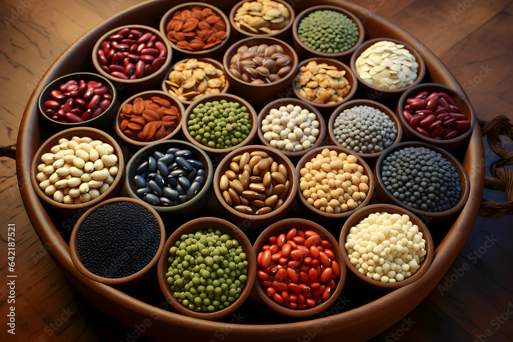 Variety of legumes in wooden bowls on a wooden background