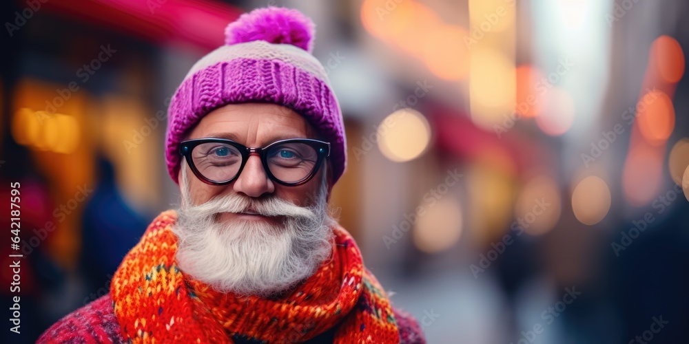 Adult man in glasses with a gray beard in winter clothes. Young Man in purple hat. Background of the street festive lights of Christmas and New Year. happy christmas