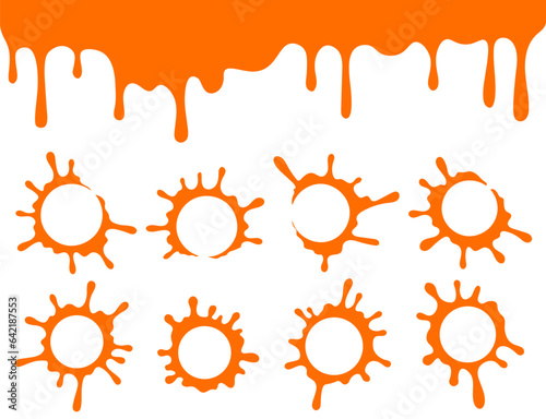 Set of orange round marks from cup, flat style. Ink splatters, paint stains collection.  Running or dripping liquid banner. Badge collection. Badge collection.