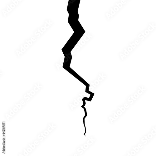 Black crack on the surface in flat style. Silhouette of break in the ground. Realistic fracture in the wall.