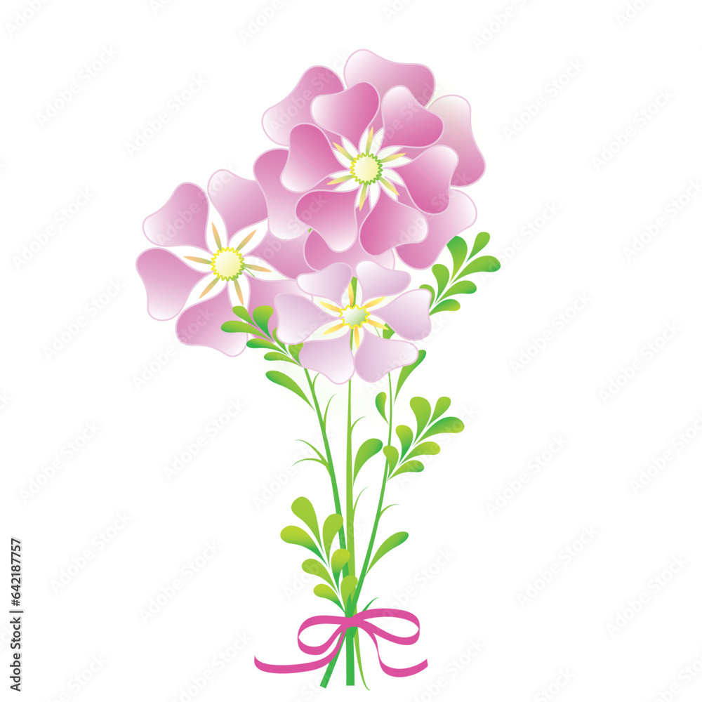 Fototapeta premium Vector illustration of bouquet with pink ribbon. Flowers and leaves card isolated on white background, pink flowers with green leaves and bow.