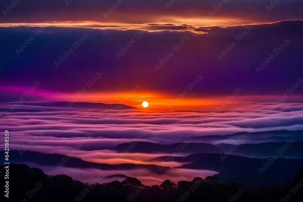 Dusk,Romantic Sunset Orange Sky twilight in the Evening with colorful purple sunlight and dark blue,majestic ​sky vertical 