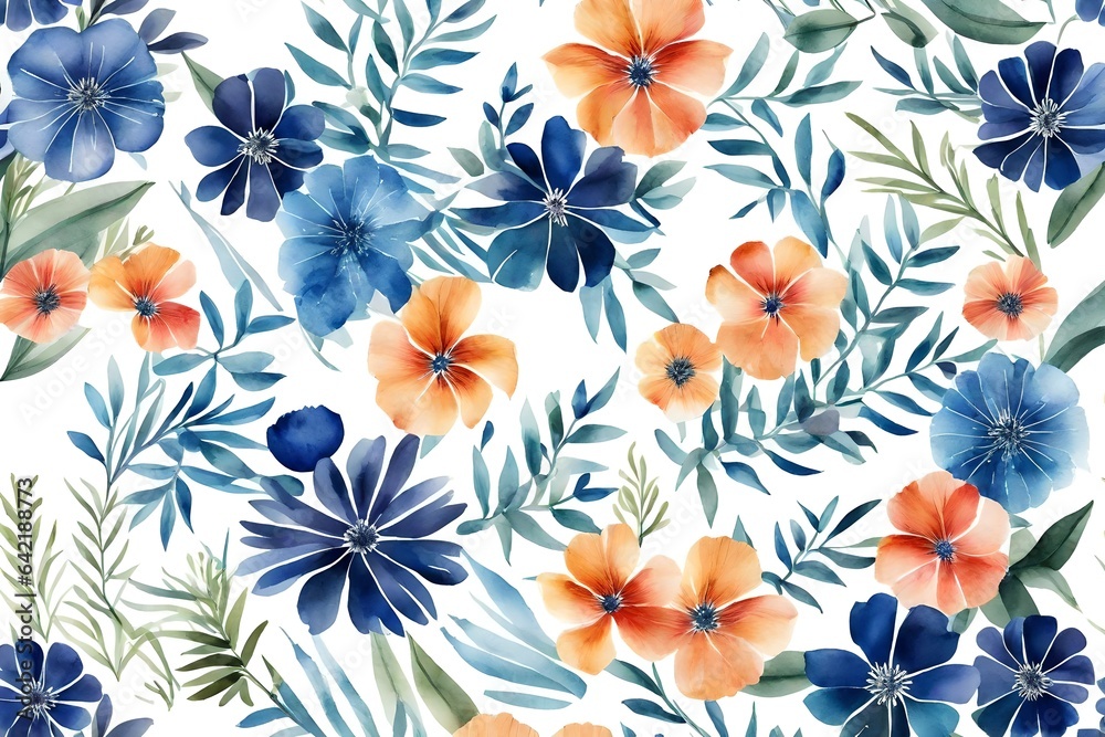 Seamless summer pattern with watercolor flowers handmade. Indigo din. White background  - obrazy, fototapety, plakaty 