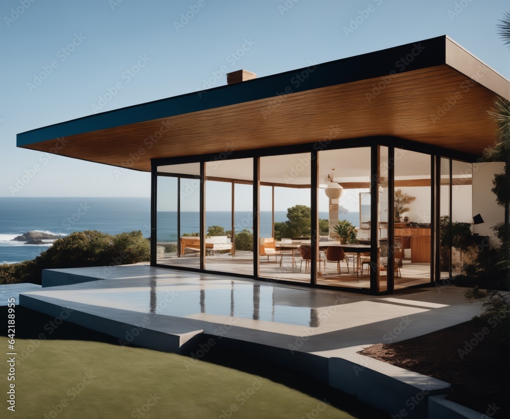 Hyper realistic eye level exterior photo of a mid century modern style house overlooking the ocean