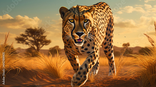  a dynamic 3D rendering of a cheetah stealthily stalking its prey on a savanna, in digital art style © Ahtesham