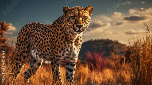  a dynamic 3D rendering of a cheetah stealthily stalking its prey on a savanna  in digital art style