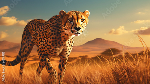  a dynamic 3D rendering of a cheetah stealthily stalking its prey on a savanna, in digital art style