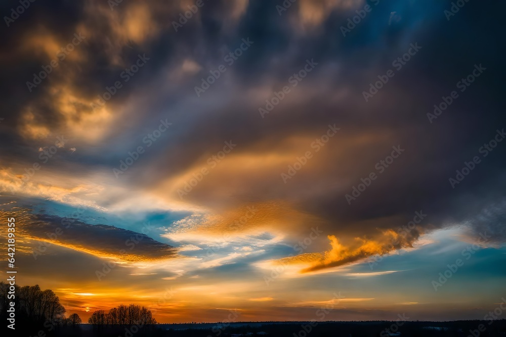 Beautiful Vivid sky painted by the sun leaving bright golden shades.Dense clouds in twilight sky in winter evening.Image of cloud sky on evening time.Evening Vivid sky with clouds 