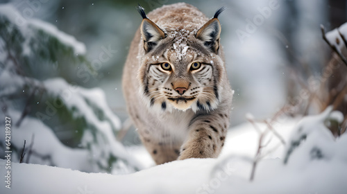 A rare sighting of a lynx prowling through a snowy forest captivates with its secretive nature. The photography captures the lynx s intense gaze and the highly detailed patterns on its fur.