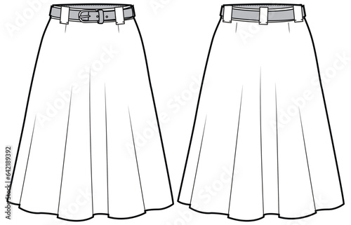 Women belted circle Skirt flat sketch illustration, Set of Womens midi length skirt font and back view technical drawing vector illustration