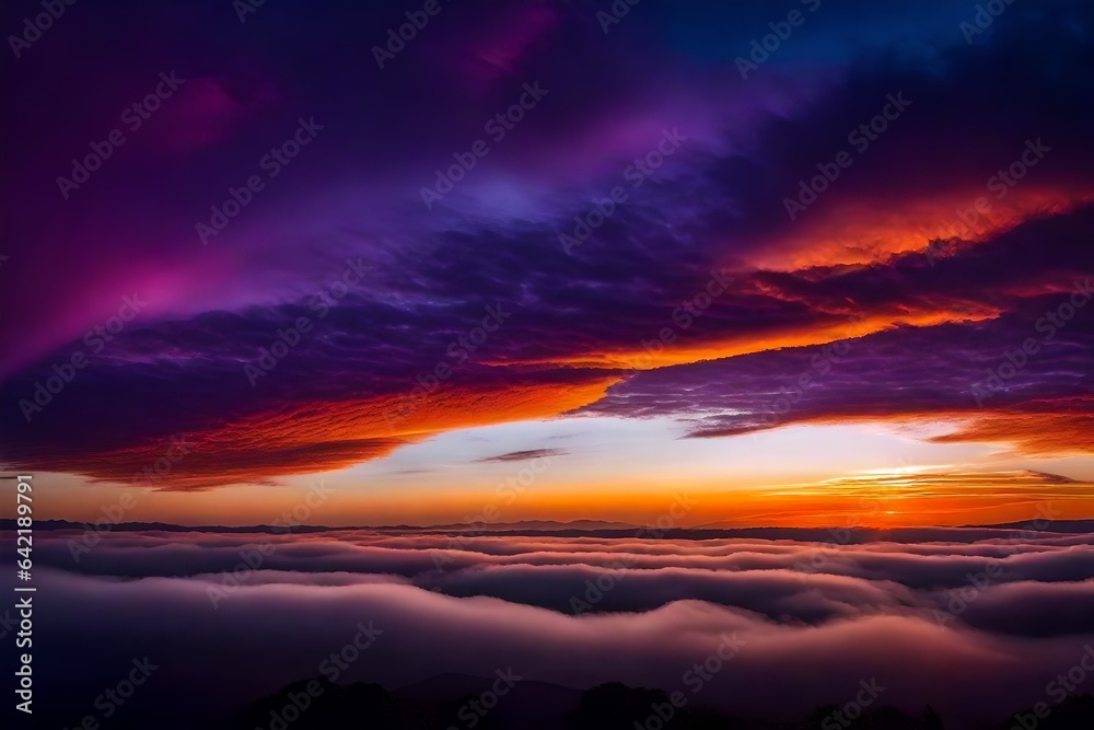 Dusk,Romantic Sunset Orange Sky twilight in the Evening with colorful purple sunlight and dark blue,majestic ​sky vertical 