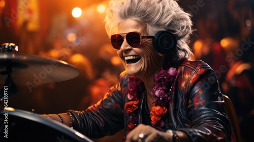 Rock concert. Funny elderly woman is playing on a different musical instruments with joyful expressive. Generative AI