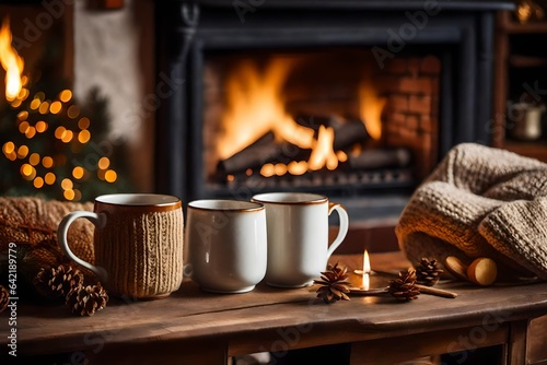 Two mugs for tea or coffee, woolen things near cozy fireplace, in country house, winter vacation, horizontal 