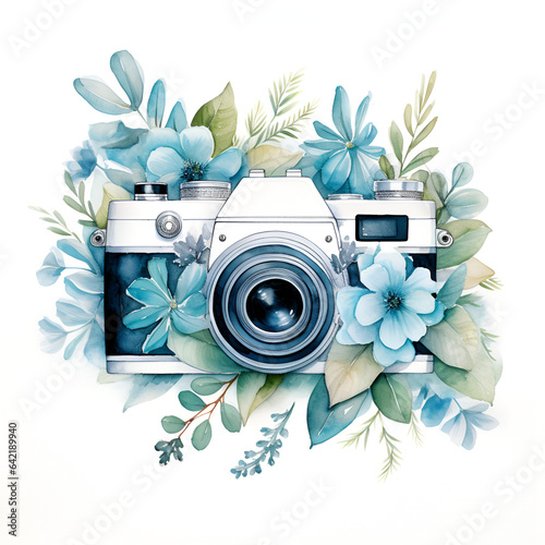 Watercolor illustration of a photo camera with beautiful blue flowers isolated on white background