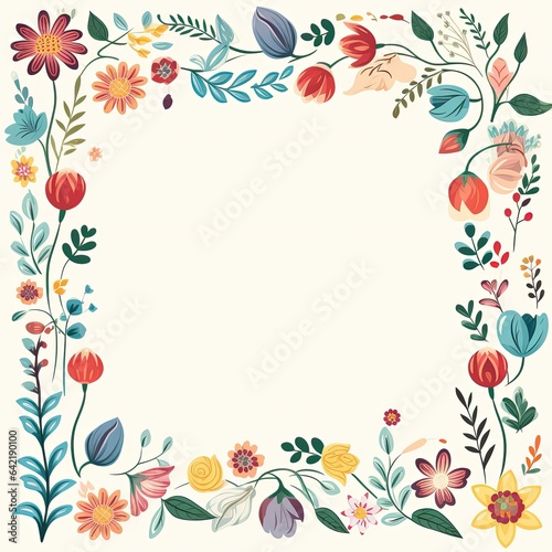 Vintage floral frame with hand drawn flowers and leaves. Generative ai.