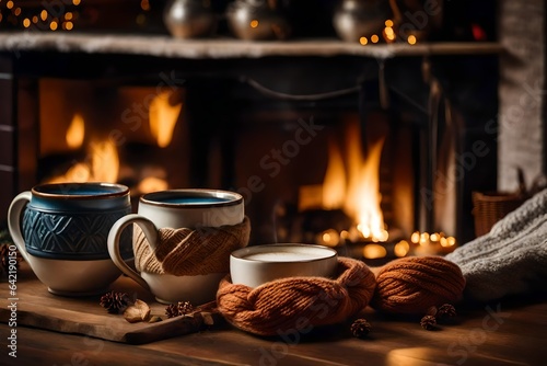 Two mugs for tea or coffee  woolen things near cozy fireplace  in country house  winter vacation  horizontal 
