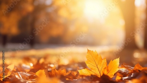 Autumn background with border of orange  gold and red maple leaves on nature park on background of sunlight with soft blurred beautiful bokeh
