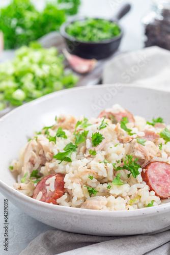 Chicken bog dish with smocked sausages, traditional South Carolina recipe, in bowl, vertical