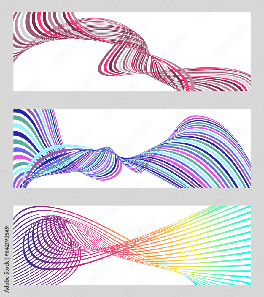 Wavy lines or ribbons. Set of 3 backgrounds. Multicolored striped gradient. Creative unusual background with abstract gradient wave lines to create a trendy banner, poster. vector eps Wavy lines or ribbons. Set of 3 backgrounds. Multicolored striped gradient. Creative unusual background with abstract gradient wave lines to create a trendy banner, poster. vector eps