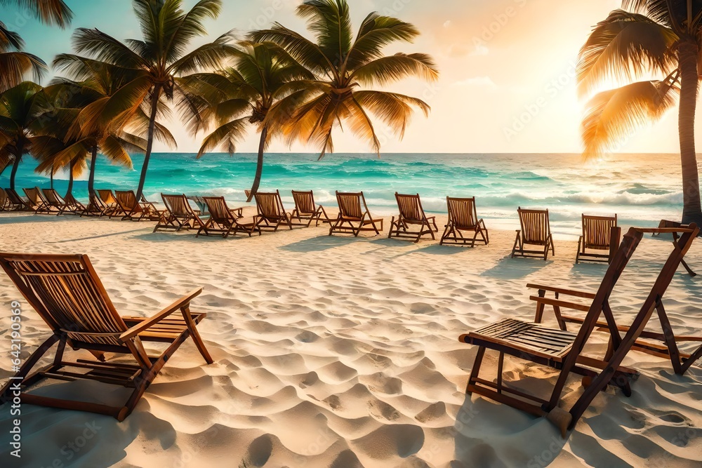 Beautiful beach. Chairs on the sandy beach near the sea. Summer holiday and vacation concept for tourism. Inspirational tropical landscape 
