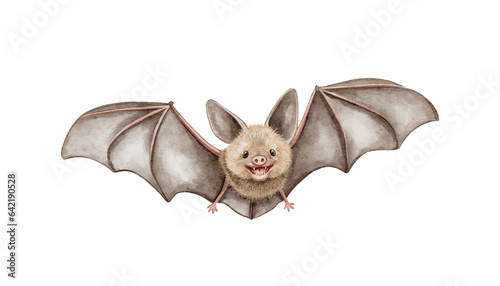 Watercolor halloween cute character bat animal smiling isolated on white background. Hand drawn illustration sketch