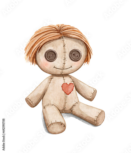 Watercolor cartoon cute funny voodoo beige rag doll with button eyes and heart isolated on white background. Hand drawn illustration sketch