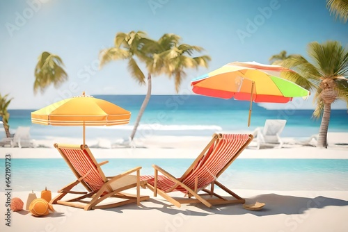 3d rendering of summer vacation concept with beach chair umbrella and summer elements.3d rendering 