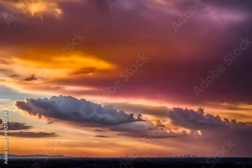 A beautiful sky painted by the sun leaving vibrant gold and pink hues. Clouds in the twilight sky, in the evening. Image of a cloudy sky in the evening. Evening sky scene with golden light 