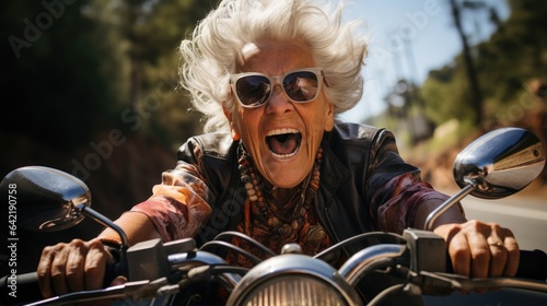 Fotografia Funny elderly woman is riding a modern motorcycle with joyful expressive