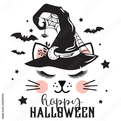 Happy Halloween vector illustration. Cute cat face in witch hat with bats, stars and spider. Girls Halloween design isolated.
